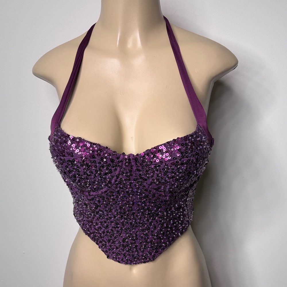 Oh Polly Purple Sequin Halter Crop Top Selena inspired